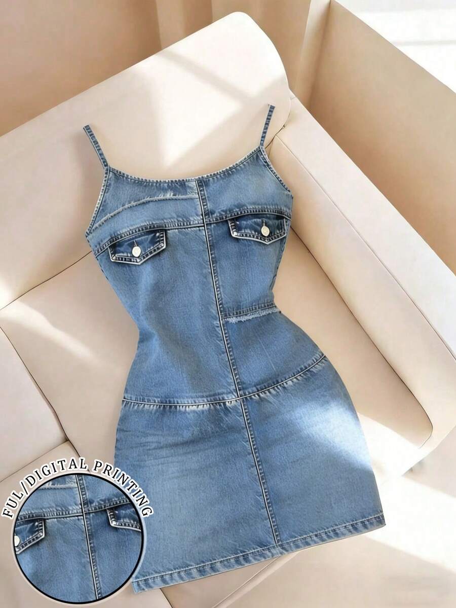 Resyla New Arrival Bestselling Denim Effect Print Regular Fit Women Camisole Bodycon Mini Dress - Multicolor - View 1