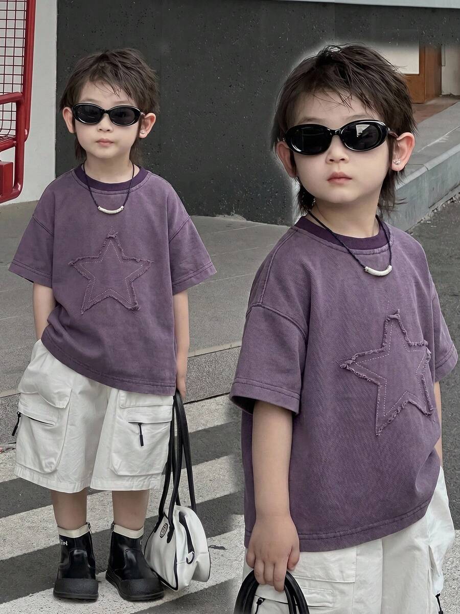 Dazy Kids 幼儿男童宽松休闲牛仔T恤,星形图案,夏季 - 紫色 - 查看 1