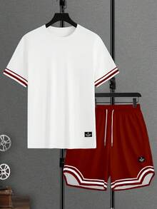 Manfinity Homme Bộ đồ nam thường ngày gồm áo thun ngắn tay cổ tròn kẻ sọc và quần short có dây rút. - Nhiều màu - Xem 5