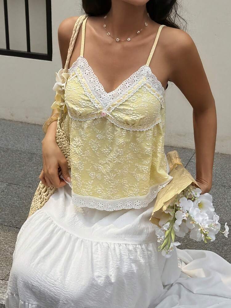 Lace Patchwork Yellow Casual Vacation Style Tank Top For Women, Spring & Summer