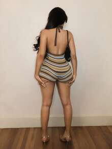 SHEIN BamGlam 休闲女装针织连体裤撞色条纹无袖圆领休闲连体裤沙滩装夏季度假装性感露背连体裤夏季外出装沙滩露背连体裤生日装夏季吊带露背连体裤 - 彩色 - 查看 3