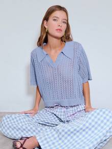 Nöista Lavender Knit Top Openwork Pattern With Short Sleeves And A Polo Collar Neck, Scalloped Edges. Spring, Summer, . - Blue - View 4