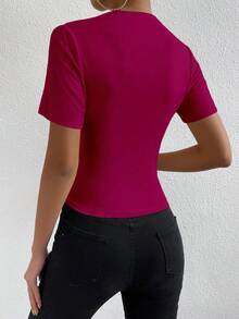 SHEIN ChicEase 女士纯色褶皱休闲百搭日常短袖T恤 - 紅色 - 查看 2