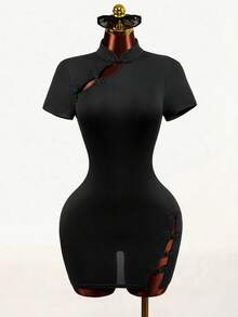 SHEIN BamGlam Áo sườn xám kiểu Trung Quốc mới, cài khuy hình ếch, xẻ tà ngắn. - màu đen - Xem 4