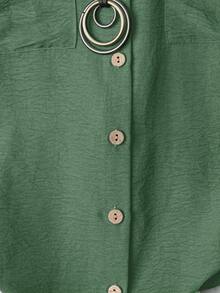 SHEIN LUNE CURVE Plus Size Women's Solid Color Full Button Collar Short Sleeve Dual Pocket Casual Comfortable Fashion Shirt - Mint Green - View 5