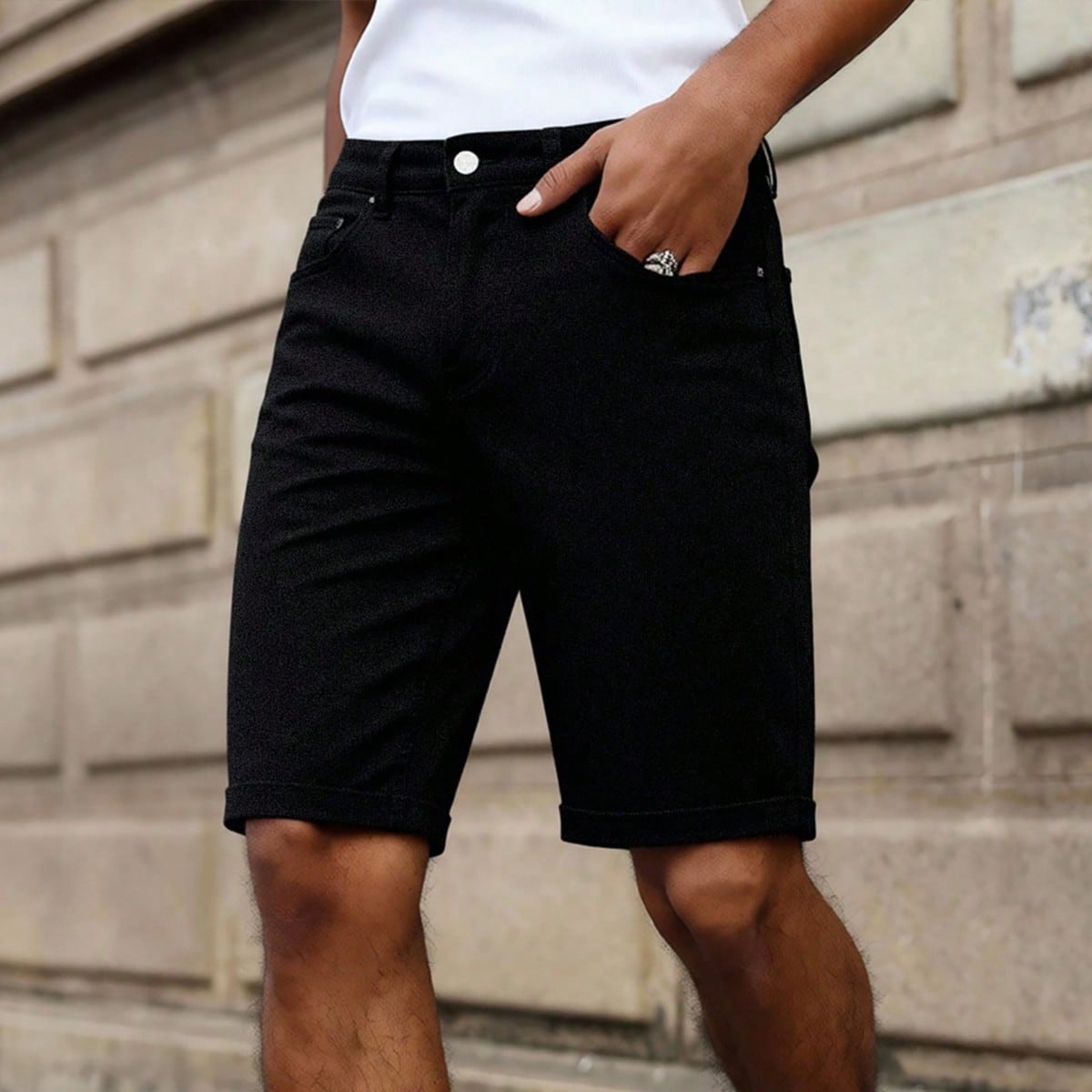 Pantalones cortos vaqueros casuales de hombre con bolsillo en diagonal, dobladillo enrollado, unicolor, para verano