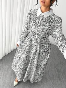 SHEIN Clasi 大码女式优雅撞色衬衫领扭腰印花A字衬衫裙，秋季长袖 - 黑與白 - 查看 8