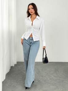 SHEIN PETITE Women's Elegant White Long Sleeve Shirt,Tie-Waist Cinched Striped Blouse,Casual Office Commuter Work Attire,Bohemian Vacation Summer Blouses ,Petite Women - White - View 5
