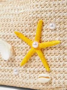 Bolso de Hombro Elegante de Moda Coreana, Bolso Bandolera Versátil para Uso Diario de Mujeres - Bolso de paja blanco con rayas horizontales y estrella de mar amarilla. - Ver 5