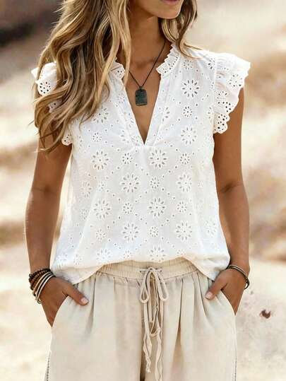 EMERY ROSE Blusa casual y elegante de talla grande para mujer, con mangas acampanadas y capas, tejido de unicolor, bordado y jacquard calado, para primavera/verano