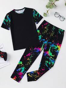 SHEIN 男童休闲印花圆领短袖上衣和短裤睡衣套装 - 黑色 - 查看 4