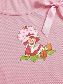 Strawberry Shortcake | ROMWE 女士休闲甜美可爱卡通印花蝴蝶结装饰修身吊带背心，夏季 - 粉色 - 查看 4