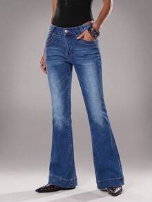 TRNVIE Damen Mode Jeans mit tailliertem Bund und weitem Beinverlauf - Blau - Übersicht 5