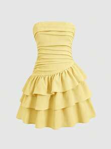 SHEIN Girlism Tween Girl/Tween Girls' Summer Casual Vacation Minimalist Comfortable Layered Ruffle Trim Tube Top Dress - Yellow - View 7