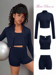 SHEIN Girlism Tween Girl 3 Pieces Set: Long Sleeve Mock Neck Zip-Up Top, Camisole, And Leggings - Navy Blue - View 8