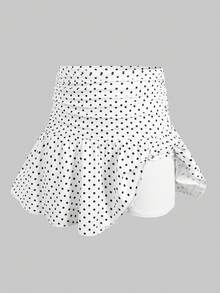 SHEIN 少女休闲百搭舒适高腰波点荷叶边裙 - 黑與白 - 查看 3