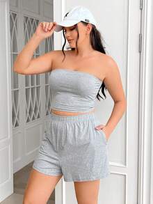 Comfortcana Bộ 2 món dành cho nữ cỡ lớn, áo quây và quần short, thích hợp cho mùa hè. - Màu Xám nhạt - Xem 4