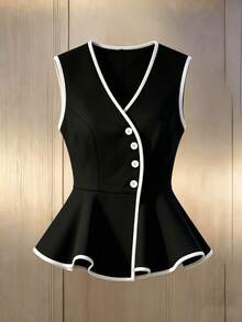 Qadelle Women's White With Black V-Neck Asymmetric Single-Breasted Ruffle Hem Fashionable Casual Sleeveless Blouse, Chic And Slimming, Spring/Summer - Black - View 6