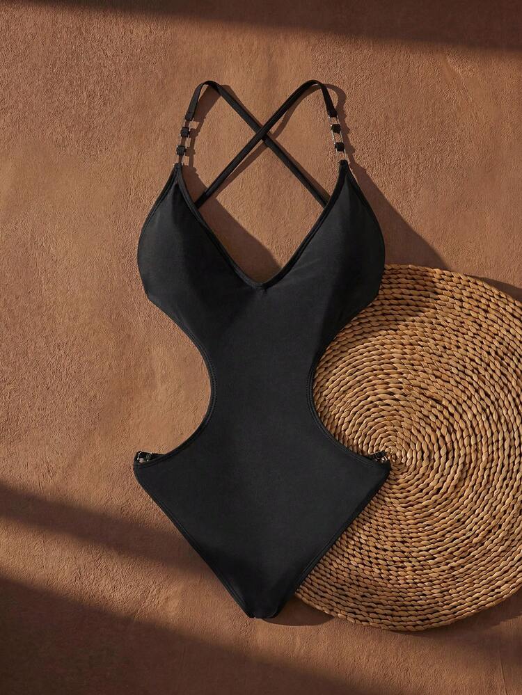 Women's Solid Color Criss-Cross Strap One-Piece Swimsuit For Beach