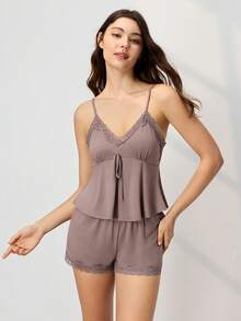 LUVLETTE Bộ đồ ngủ mùa hè thoải mái làm từ chất liệu TENCEL™ Modal màu nâu nhạt, gồm áo hai dây và quần short, mềm mại, thoáng khí, thích hợp mặc ở nhà. - màu nâu - Xem 2