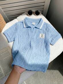 SHEIN 小男孩運動休閒拼色短袖 Polo 衫，返校季夏季職業日穿搭，裝飾細節，兒童日常休閒校園穿搭 - 藍色 - 查看 2