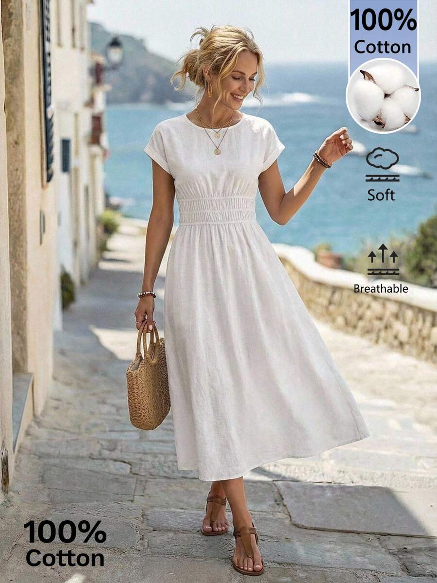 EMERY ROSE Đầm nữ màu trơn cổ tròn tay ngắn, eo nhún bèo, kiểu dáng thường ngày. - trắng - Xem 1