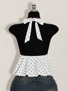 SHEIN ICON Áo hai dây cổ yếm viền bèo nhún in họa tiết chấm bi dành cho nữ - trắng - Xem 2