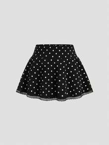 SHEIN Sweetro 女士时尚波点印花蕾丝拼接迷你裙 - 黑色 - 查看 1