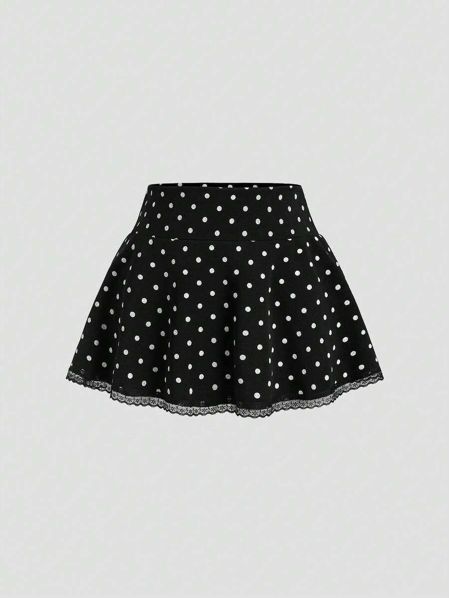 SHEIN Sweetro 女士时尚波点印花蕾丝拼接迷你裙 - 黑色 - 查看 1