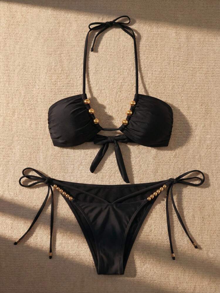 Women's Summer Beach Vacation Style Beaded Backless Tie-Front Split Bikini Set