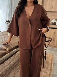 Parysyn Plus Size Casual Commuter Solid Color Shirt And Pants 2 Pieces Set - Brown - View 5