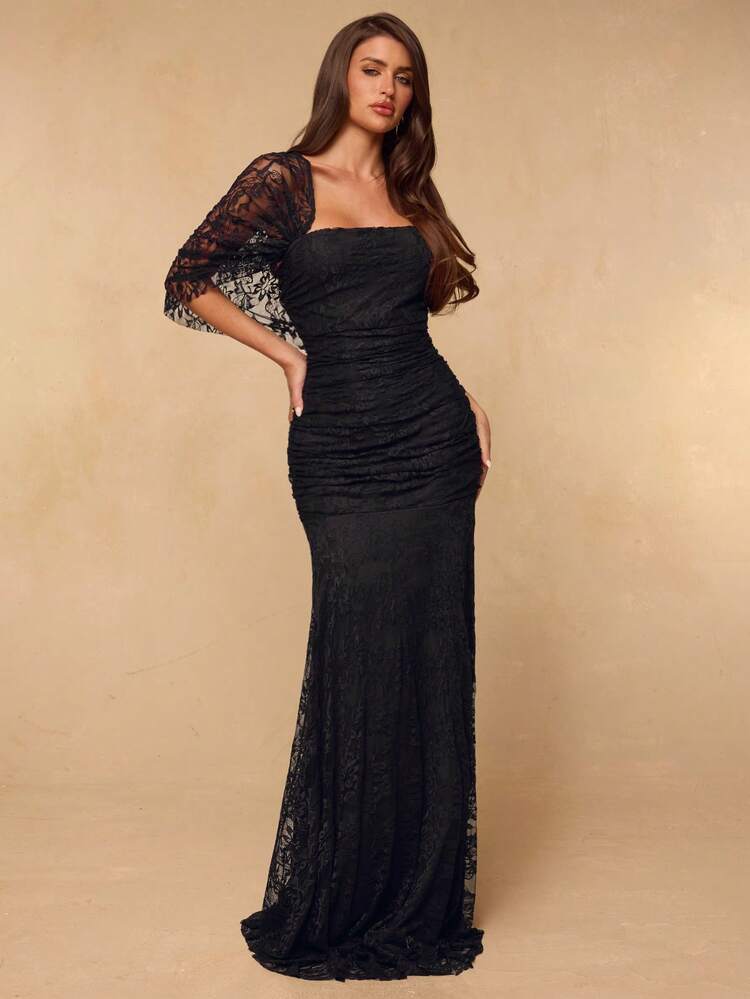 black lace wrap dress SHEIN BAE Elegant Slim Fit Ruched Dress, Black Lace Graceful Long Wedding Formal Official Summer Modest Vintage Wedding Dresses Wear with a full Black Satin Round Toe Strapless dress Size:17
