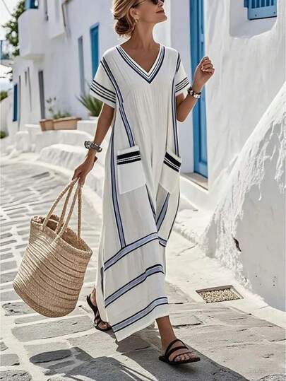 SHEIN Holidaya Đầm nữ mùa hè không tay cổ chữ V, họa tiết sọc in kỹ thuật số, chất liệu vải dệt, thiết kế túi phía trước, dáng rộng thoải mái, thích hợp cho kỳ nghỉ.