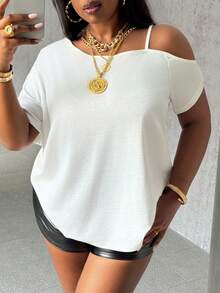 Slaydiva Plus Size Women Summer Casual Daily Commute Simple Solid Color Asymmetrical Neck Loose T-Shirt - White - View 7