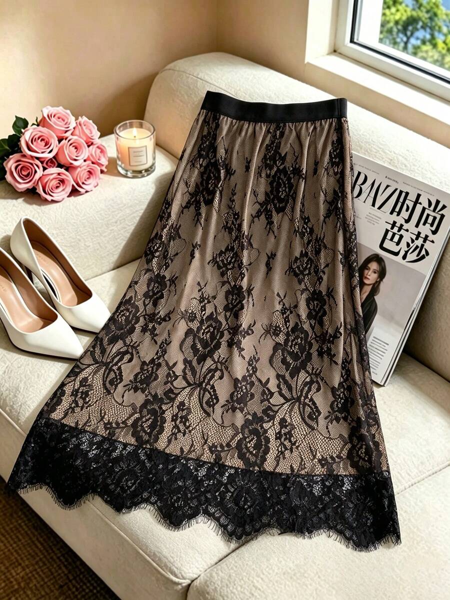 SHEIN Franclia Chân váy công sở thanh lịch cạp cao xẻ tà phối ren mới dành cho nữ - màu đen - Xem 1