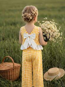 Emery Rose Kids Emery Rose Kids 2件套少女格子圆领休闲背心和裤子套装 - 黃色 - 查看 2