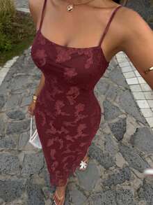 Livesso 女士夏季度假休闲吊带修身中长连衣裙 - 深紅色 - 查看 5