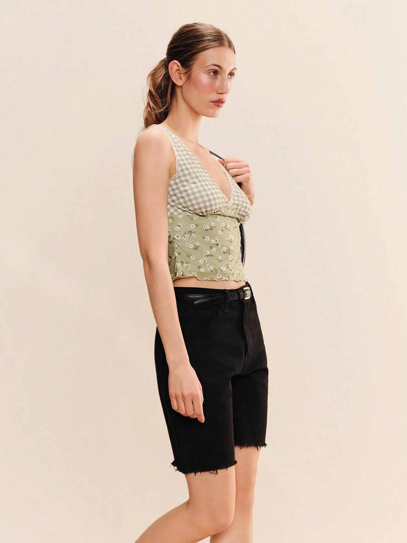 Green Mesh Fitted Top Mixed Print Floral And Check Print And A V-Neckline Vneck Top Checkered Top Vintage French Style Top Casual Holiday Top