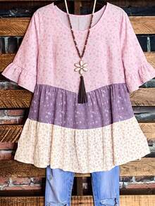 Linhara Plus Size Women's Summer Round Neck Ruffle Trim Short Sleeve Ditsy Floral Color Block Peplum Blouse - Purple - View 1