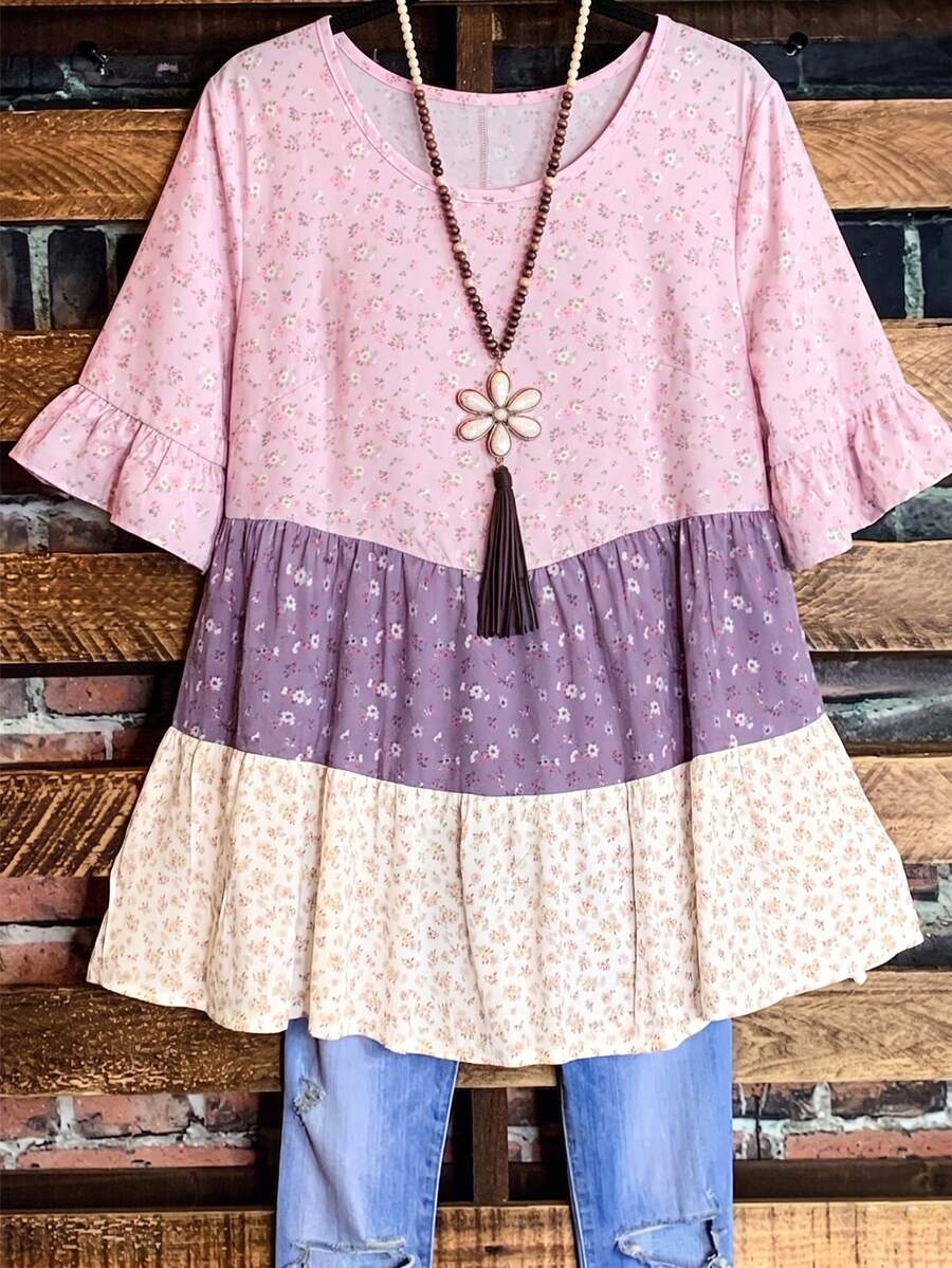 Linhara Plus Size Women's Summer Round Neck Ruffle Trim Short Sleeve Ditsy Floral Color Block Peplum Blouse - Purple - View 1