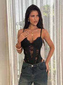 SHEIN ICON 女士夏季音乐节俱乐部性感Y2K音乐节蕾丝黑色修身连体衣 - 黑色 - 查看 4