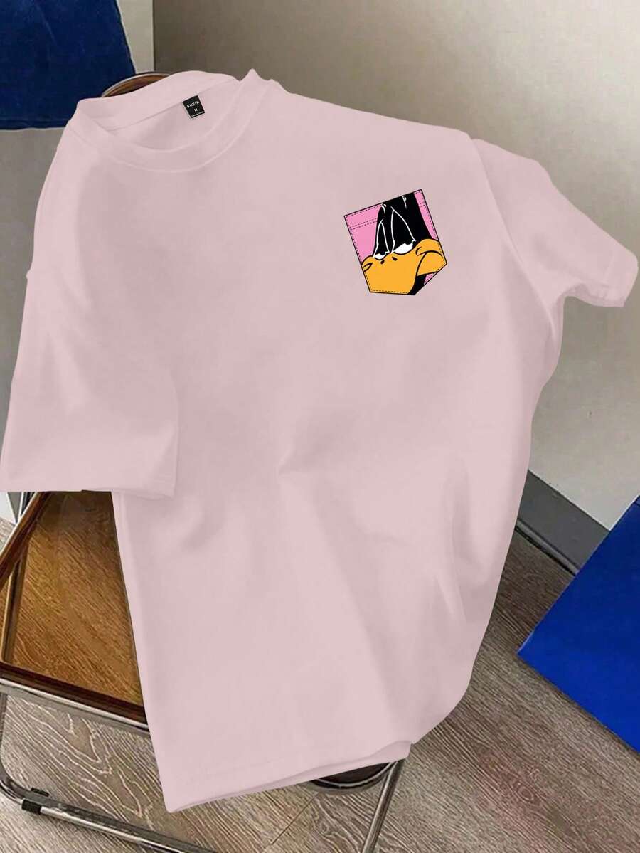 LOONEY TUNES X SHEIN Manfinity Joysei Men's Casual Everyday Commute Funny Cartoon Print Short Sleeve T-Shirt, Summer - Pink - View 1