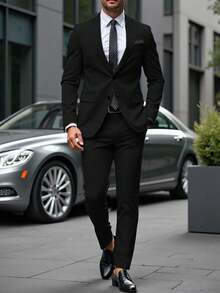 Manfinity Mode Conjunto de Blazer y Pantalones de unicolor con Patchwork, Botones Delanteros y Manga Larga para Hombre, Blazer de Solapa Relajada con Bolsillo Oblicuo, Traje Formal para Boda y Ceremonia - Negro - Ver 5