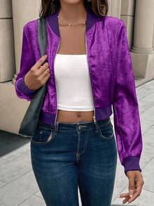 EMERY ROSE Autumn Metallic Dark Purple Zipper Ribbed Cuffs Baseball Jacket,Slim Fit Elegant Casual Short Cardigan Top  New Year Holiday Party Everyday Clothes - Purple - View 4