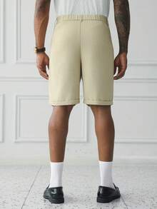 HUEFORM Men's Woven Beige Solid Color Mid-Rise Straight Leg Shorts,Old Money Waffle Texture Fabric Casual Shorts For Summer,Vacation,Holiday,Golf & Everyday - Khaki - View 5