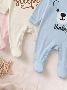 SHEIN [3 Pcs Acak, 1 Pcs Dikirim] Romper Bayi Baru Lahir Motif Kucing & Beruang Kartun, Kain Lembut & Nyaman, 3 Warna Pink, Beige, Biru Muda - MultiWarna - View 3