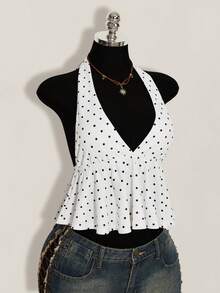 SHEIN ICON Áo hai dây cổ yếm viền bèo nhún in họa tiết chấm bi dành cho nữ - trắng - Xem 9