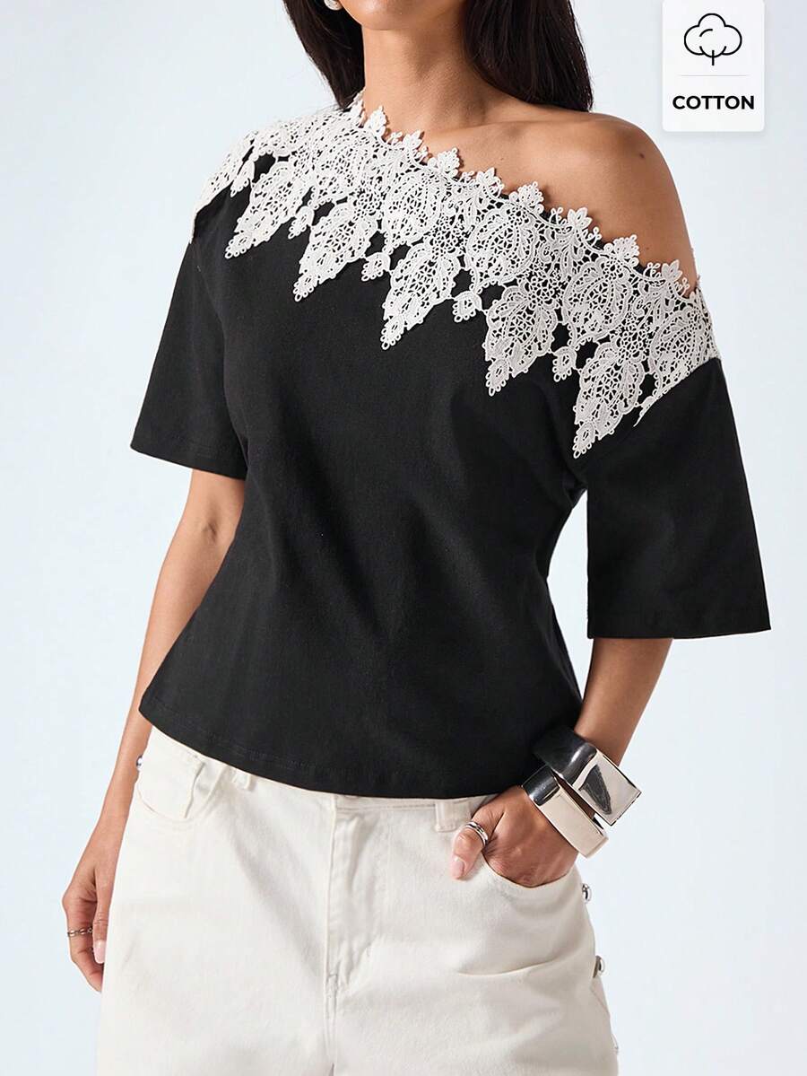 LYSMO 2026 New Arrive Minimalism Spring/Summer Women's Elegant Contrast Color Lace Patchwork Asymmetric Neck Tie Waist T-Shirt, Summer,Top Solid Color Contrast Lace Round Neck Fashion T-Shirt Summer Outfit For Women Casual Blouses For Women Ruffle And Lace Top Casual Outfit For Women,Summer Top - Black - View 1