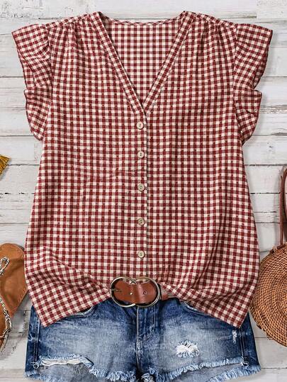 SHEIN Clasi Camisa de mujer de moda con un solo pecho, manga con volantes a cuadros