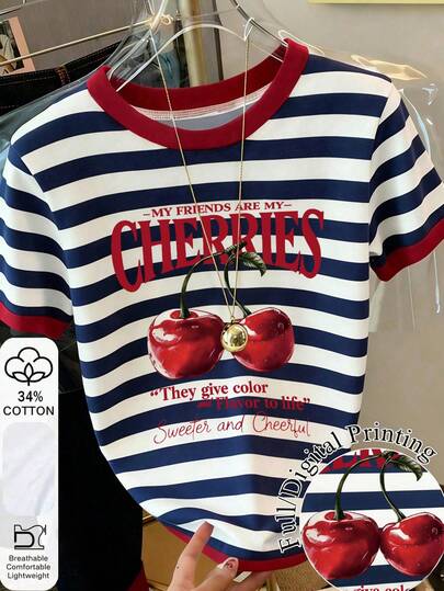 Franclia Women's Letter & Cherry Print Round Neck Short Sleeve Casual T-Shirt
